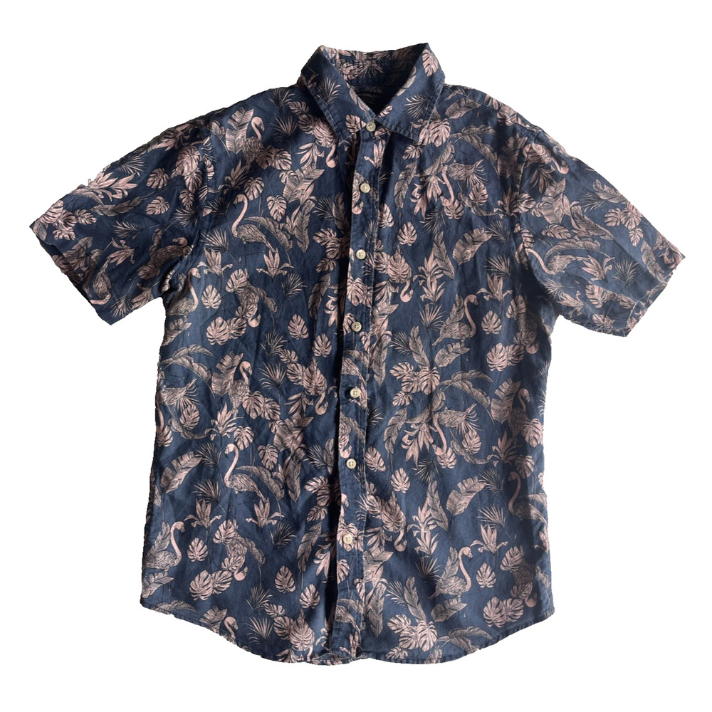 Banana Republic Small Slim Fit Linen Cotton Tropical Pink Flamingo Short Sleeve